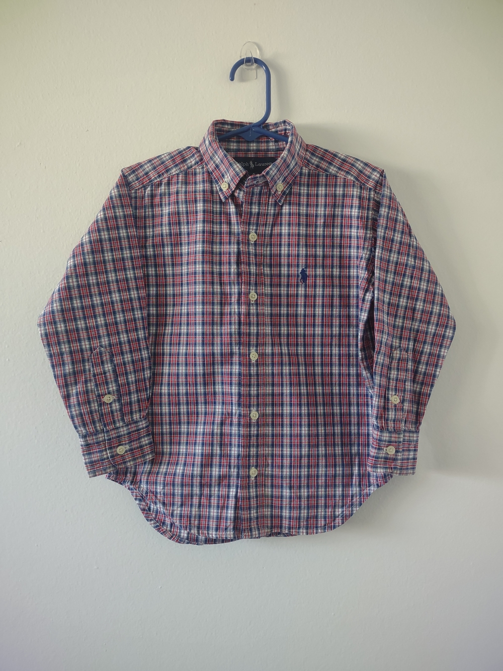 Ralph Lauren Boys Plaid Button-Down Shirt Size 4 Red Blue *Flaw